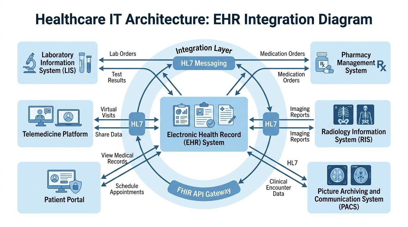 Schéma de l'architecture informatique de la santé montrant l'intégration du Dossier de Santé Électronique (DSE) avec les systèmes de laboratoire, l'infrastructure d'imagerie PACS, les systèmes de pharmacie et la couche d'interopérabilité de l'API FHIR