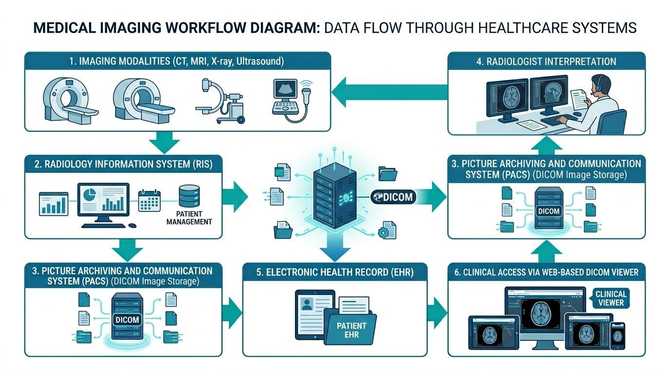 Diagramme de flux de travail en imagerie médicale illustrant comment les études de CT, IRM et rayons X passent des systèmes RIS et PACS au Dossier de Santé Électronique pour un accès clinique via une visionneuse DICOM basée sur le web