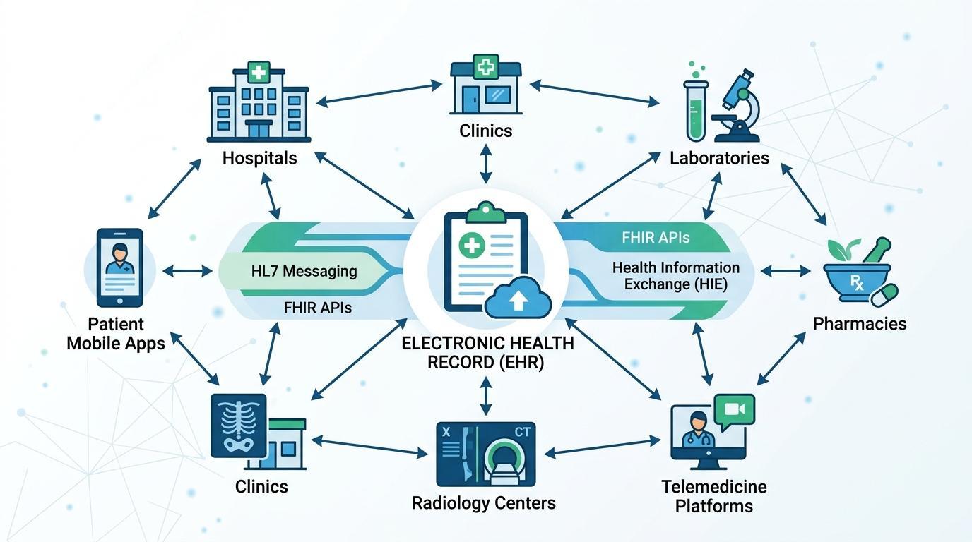 Écosystème d'interopérabilité de la santé montrant l'échange de données DSE avec les hôpitaux, les laboratoires, les systèmes de radiologie et les plateformes de télémédecine utilisant la messagerie HL7 et les API FHIR